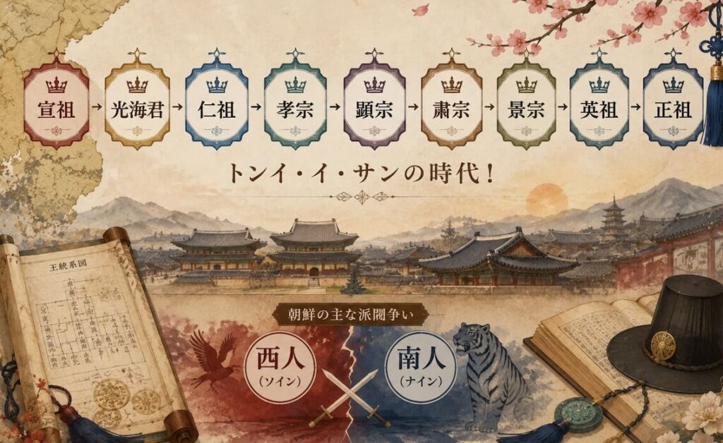 宣祖→光海君→仁祖→孝宗→顕宗→粛宗→景宗→英祖→正祖|トンイ・イ・サンの時代!系図と派閥争い早わかりガイド