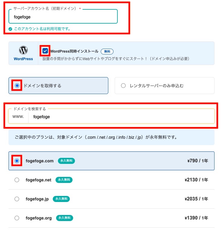 サーバーアカウント名の入力、WordPress同時インストールのチェック、ドメインを取得するの選択