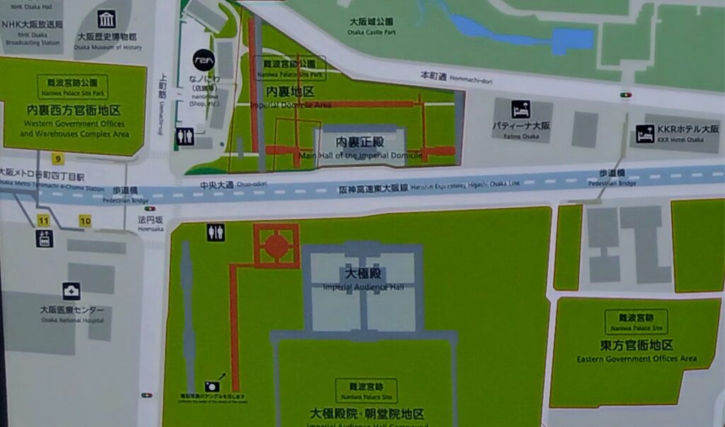 難波宮跡公園の案内図。阪神高速をはさんで北に内裏地区、南に大極殿院・朝堂院地区